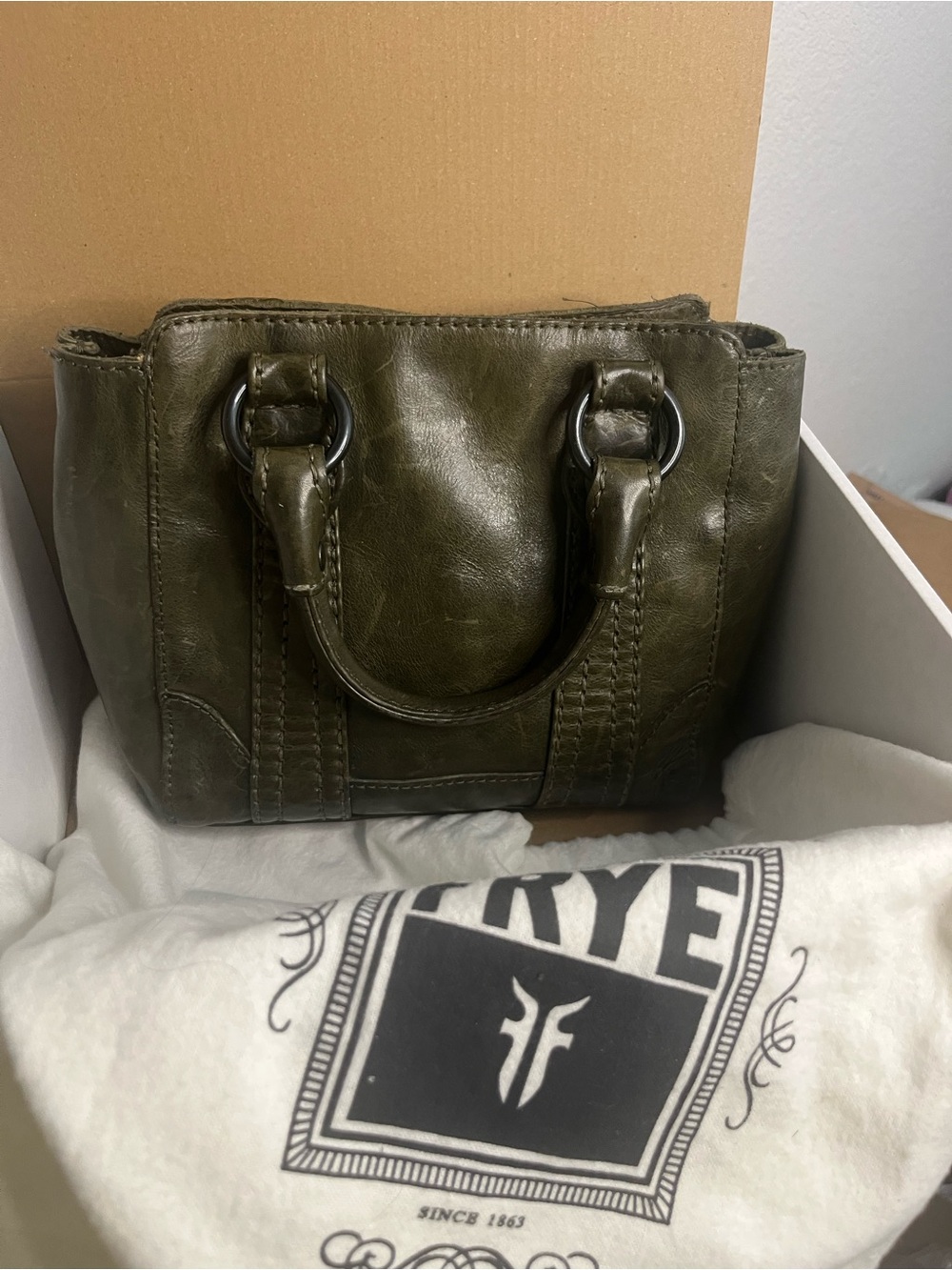 FRYE Melissa Mini Tote Crossbody Bag - Olive Green Leather Like New - Picture 14 of 16
